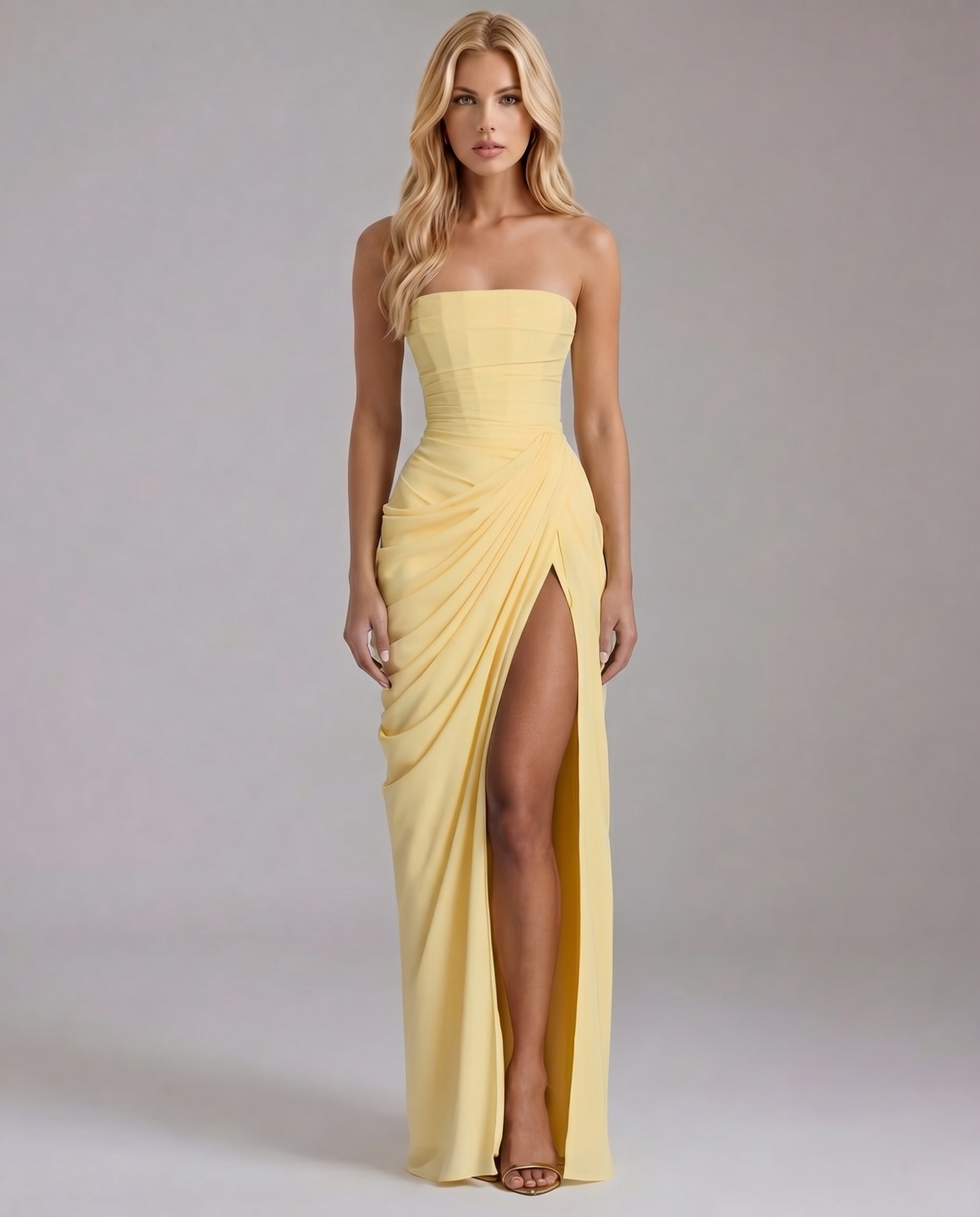 Yellow strapless ruched maxi dress with draped skirt and thigh-high slit, front view