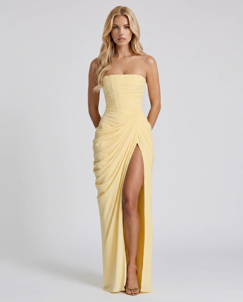 Women yellow ruched maxi dress with fitted bodice and long flowing skirt