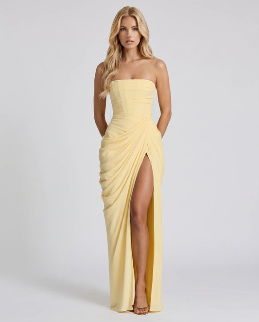 Women yellow ruched maxi dress with fitted bodice and long flowing skirt