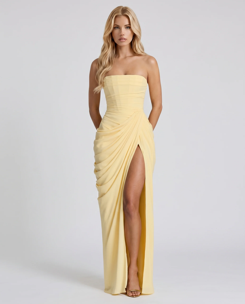 Women yellow ruched maxi dress with fitted bodice and long flowing skirt