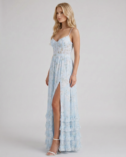 Dahlia Floral Corset Maxi Dress - Blue