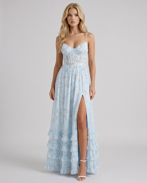 Dahlia Floral Corset Maxi Dress - Blue