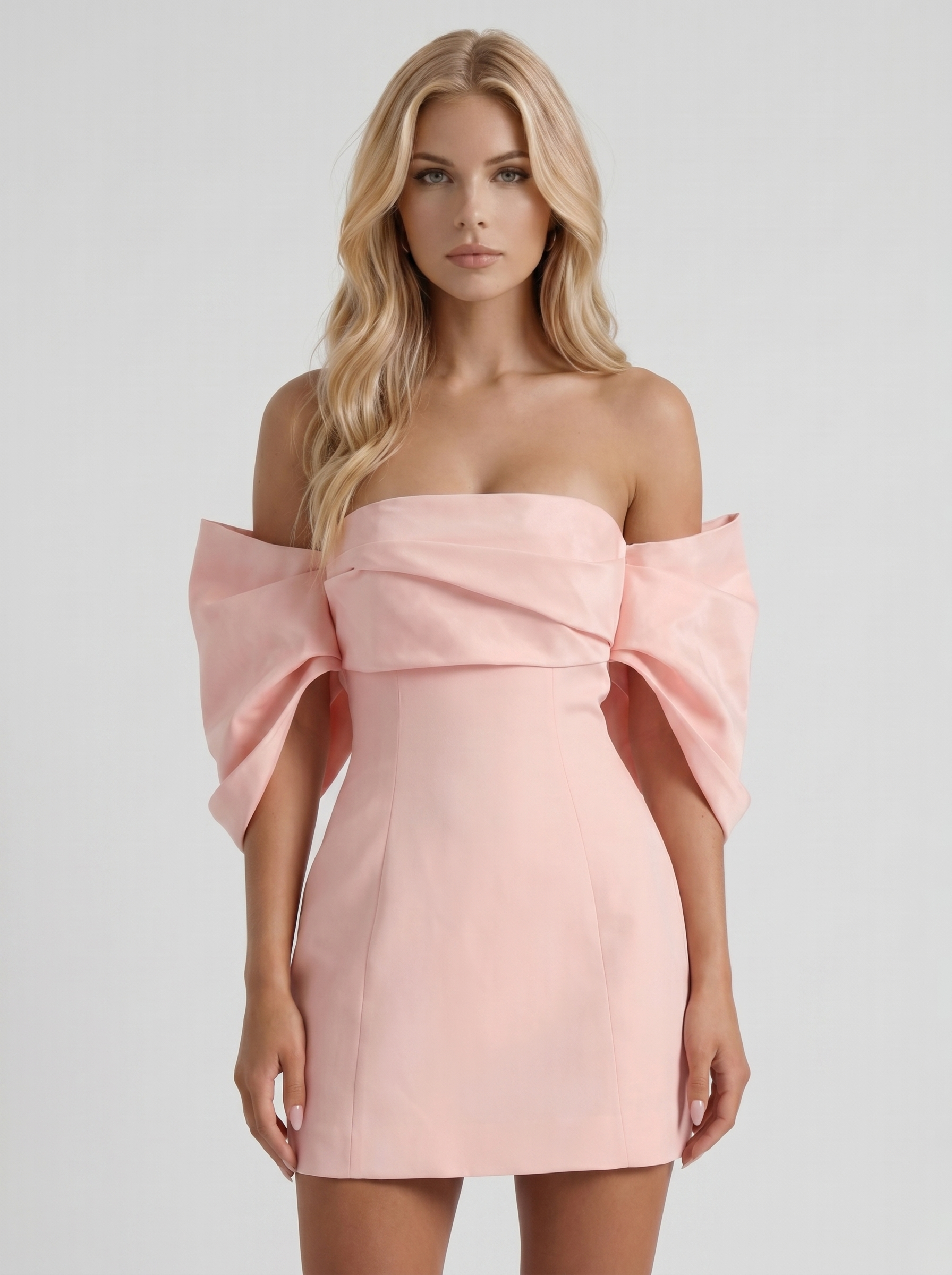Women blush off shoulder mini dress with fold over neckline, front cropped view
