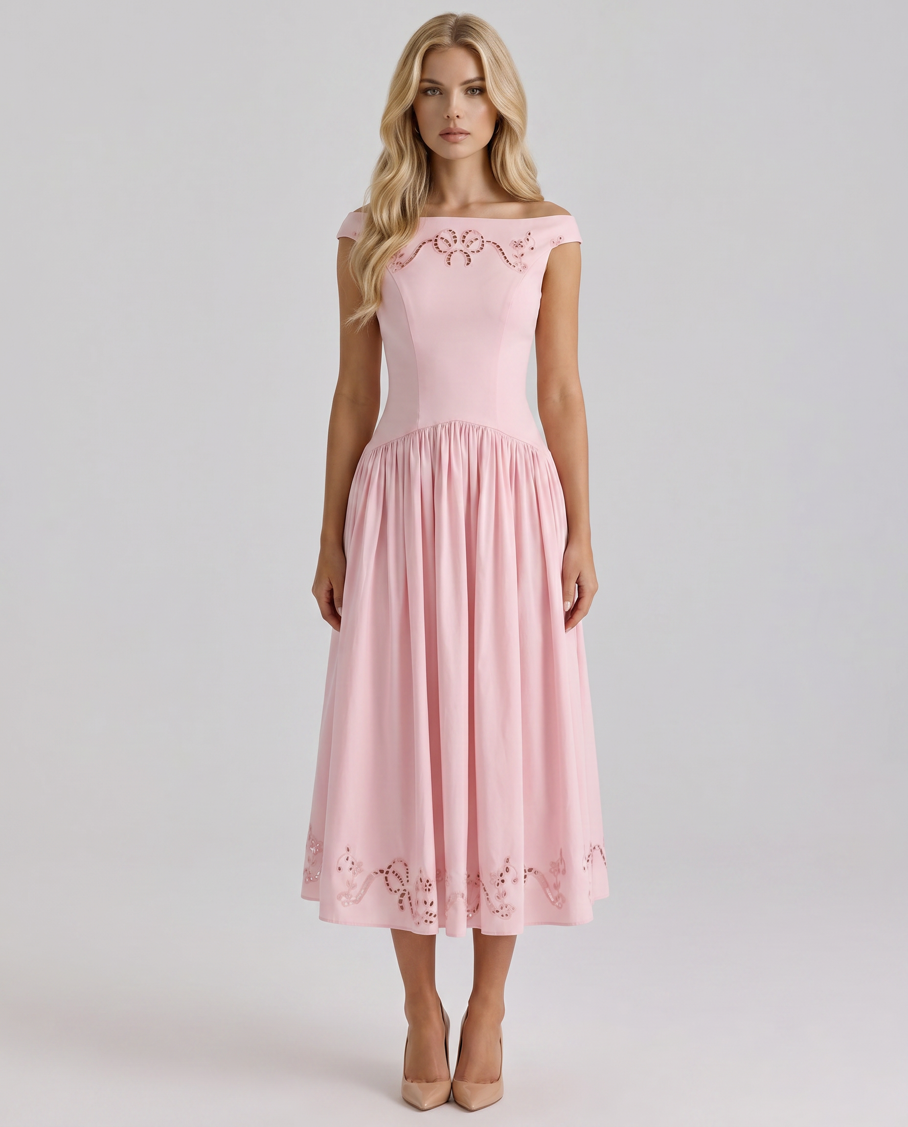 Delfina Boat Neck Eyelet Midi Dress - Pink