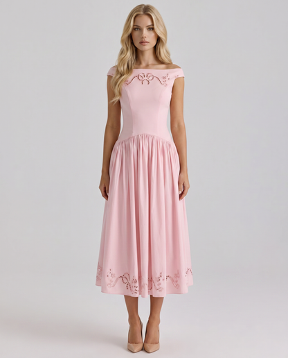 Delfina Boat Neck Eyelet Midi Dress - Pink