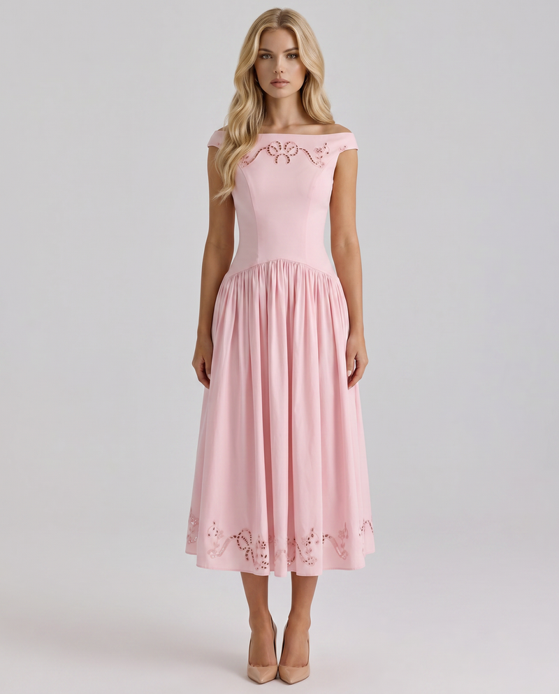 Delfina Boat Neck Eyelet Midi Dress - Pink
