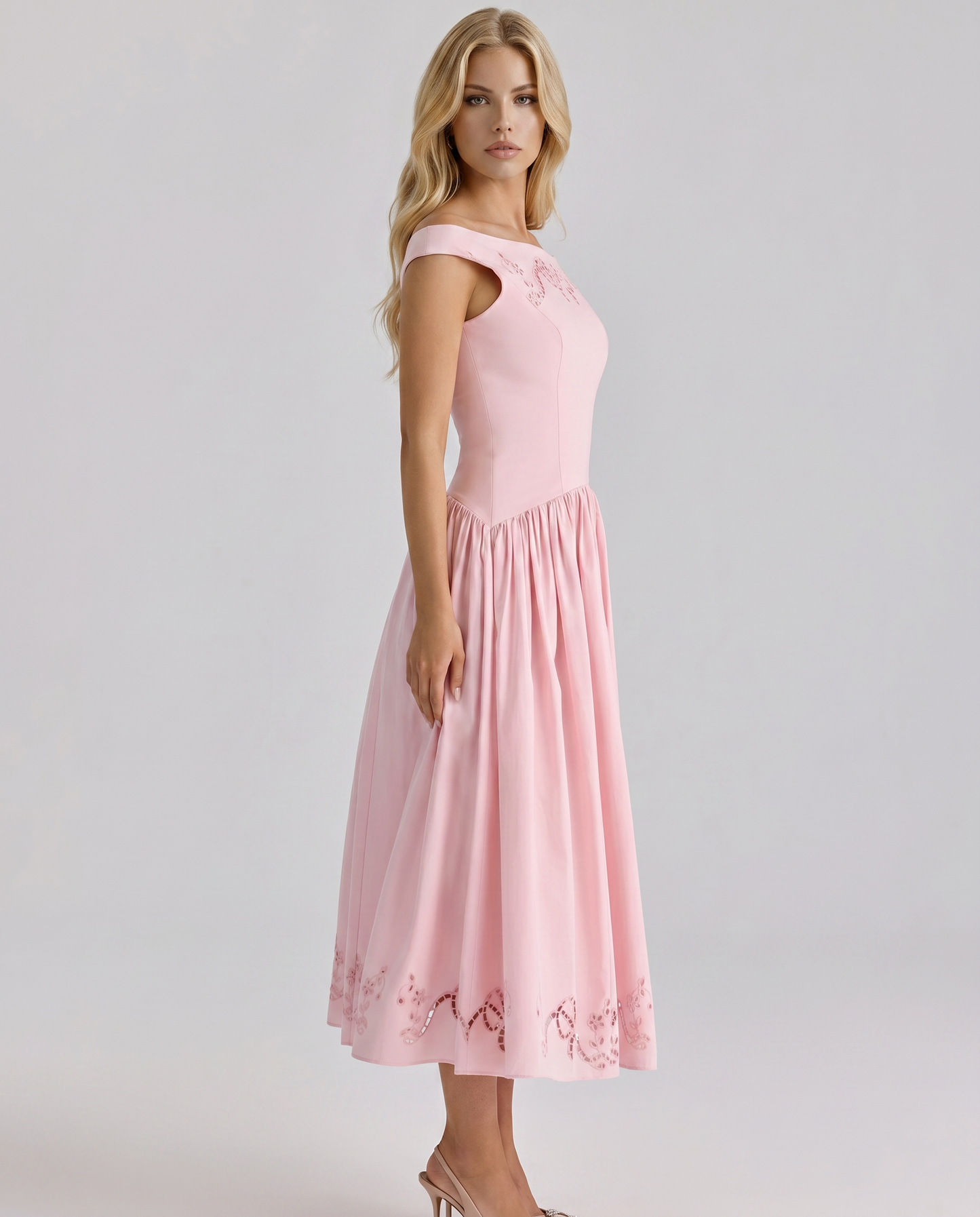 Delfina Boat Neck Eyelet Midi Dress - Pink