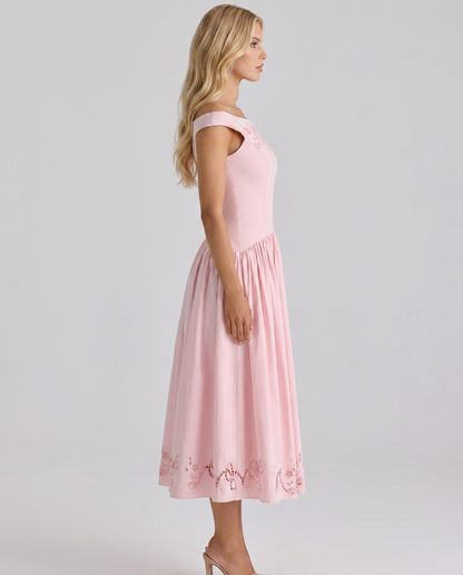 Delfina Boat Neck Eyelet Midi Dress - Pink