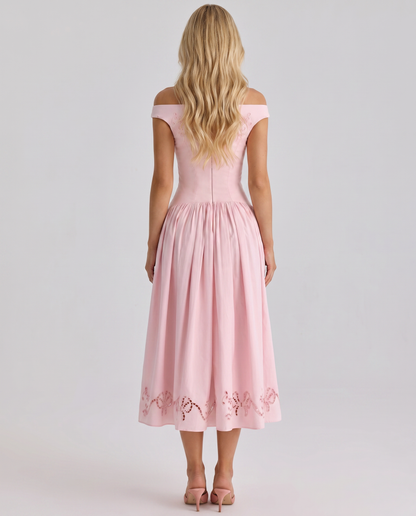 Delfina Boat Neck Eyelet Midi Dress - Pink