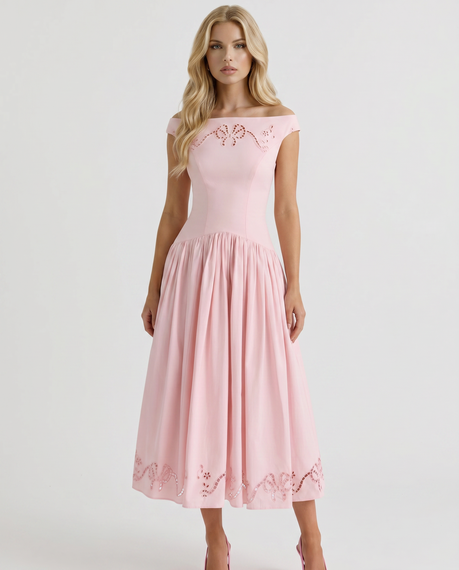Delfina Boat Neck Eyelet Midi Dress - Pink