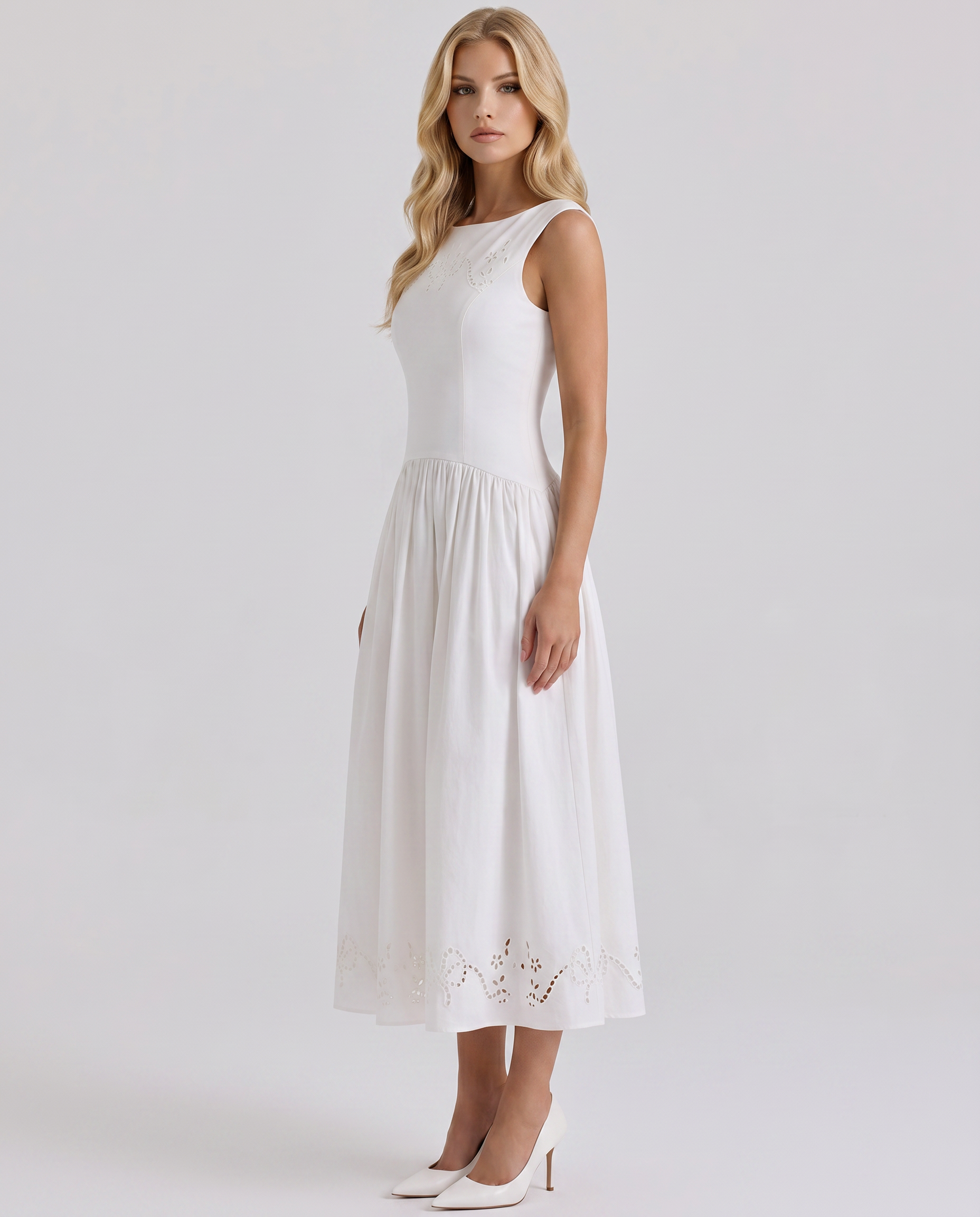 Delfina Boat Neck Eyelet Midi Dress - White