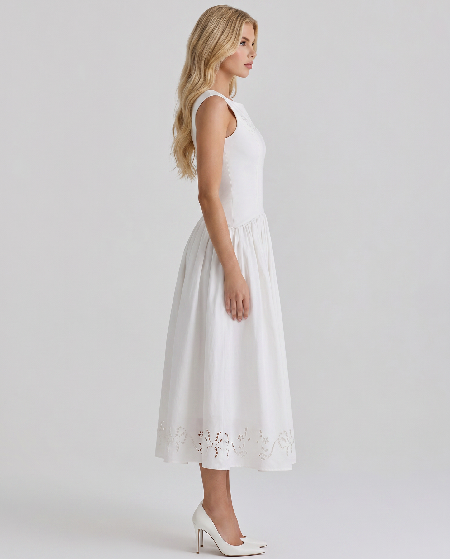 Delfina Boat Neck Eyelet Midi Dress - White