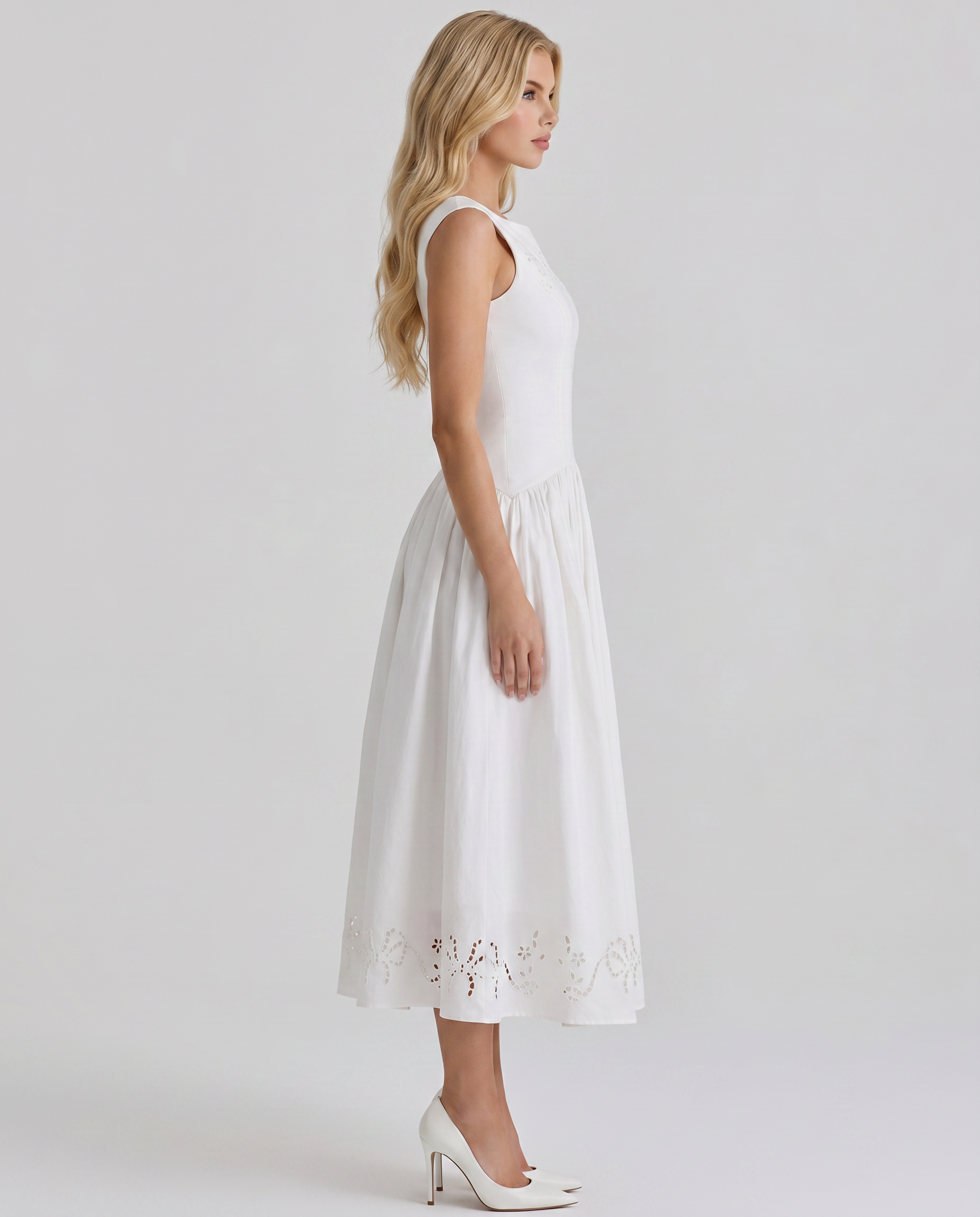 Delfina Boat Neck Eyelet Midi Dress - White