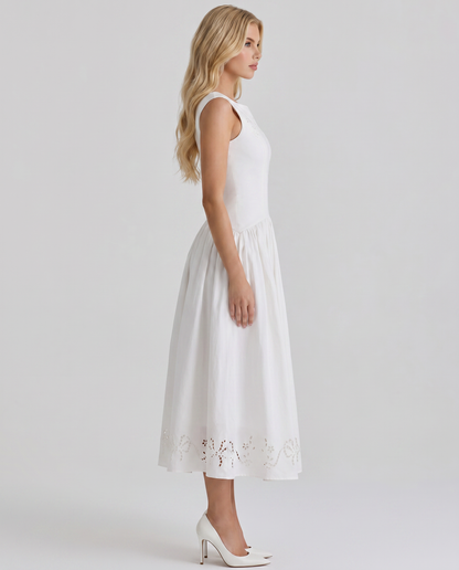 Delfina Boat Neck Eyelet Midi Dress - White