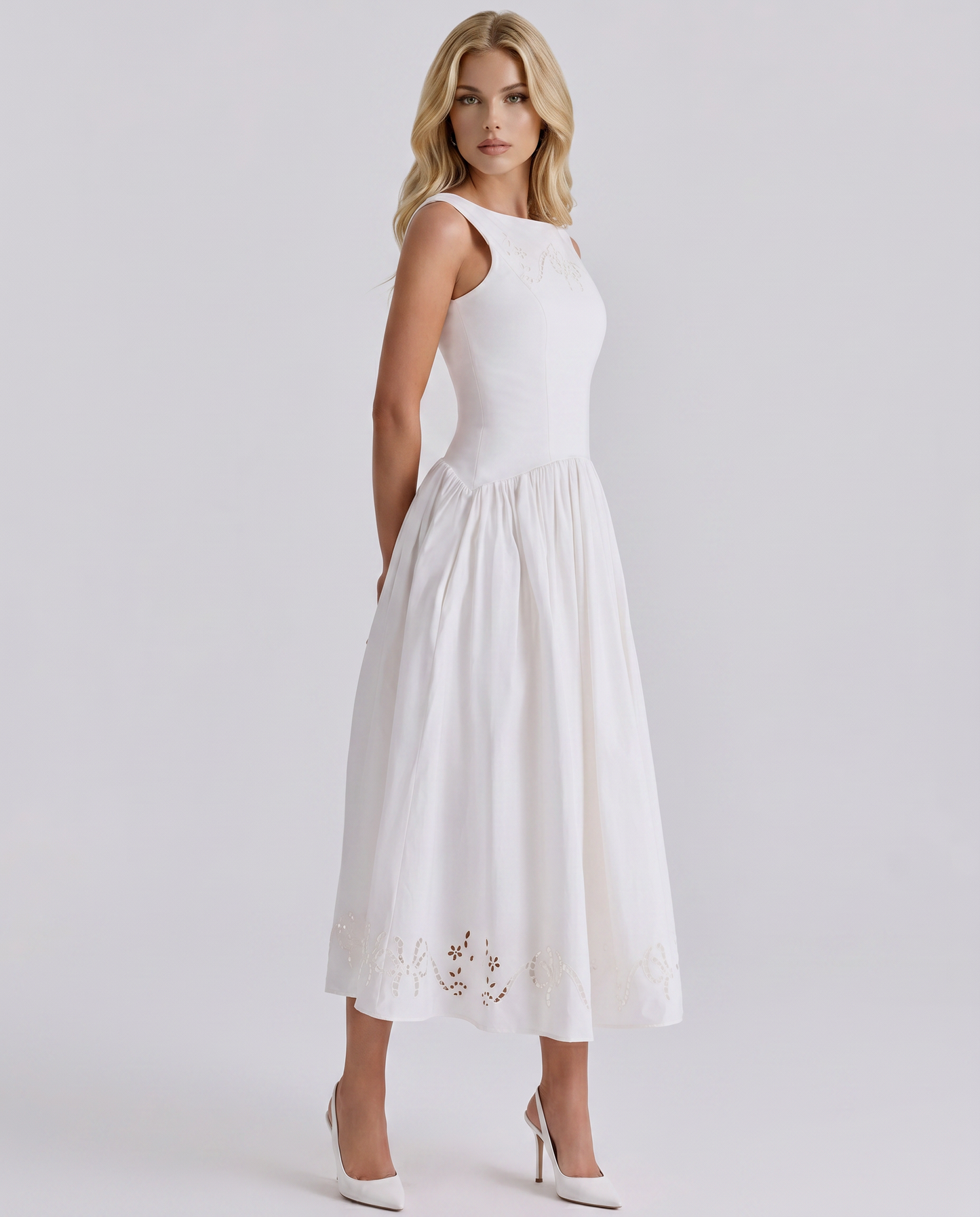 Delfina Boat Neck Eyelet Midi Dress - White