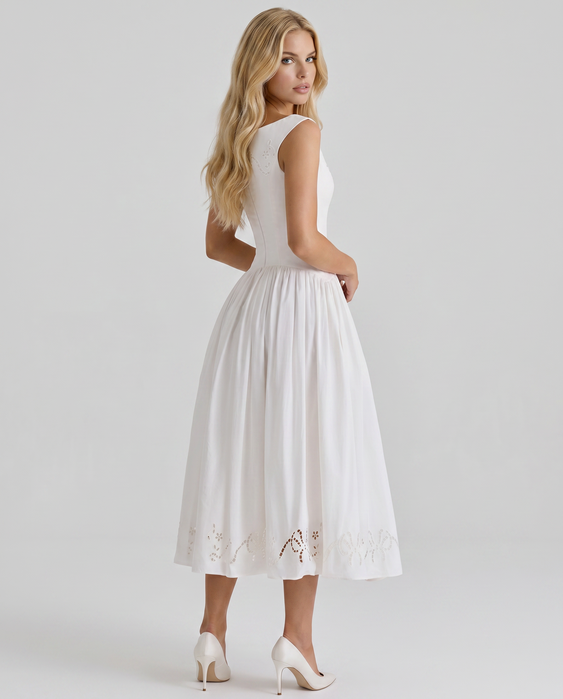 Delfina Boat Neck Eyelet Midi Dress - White