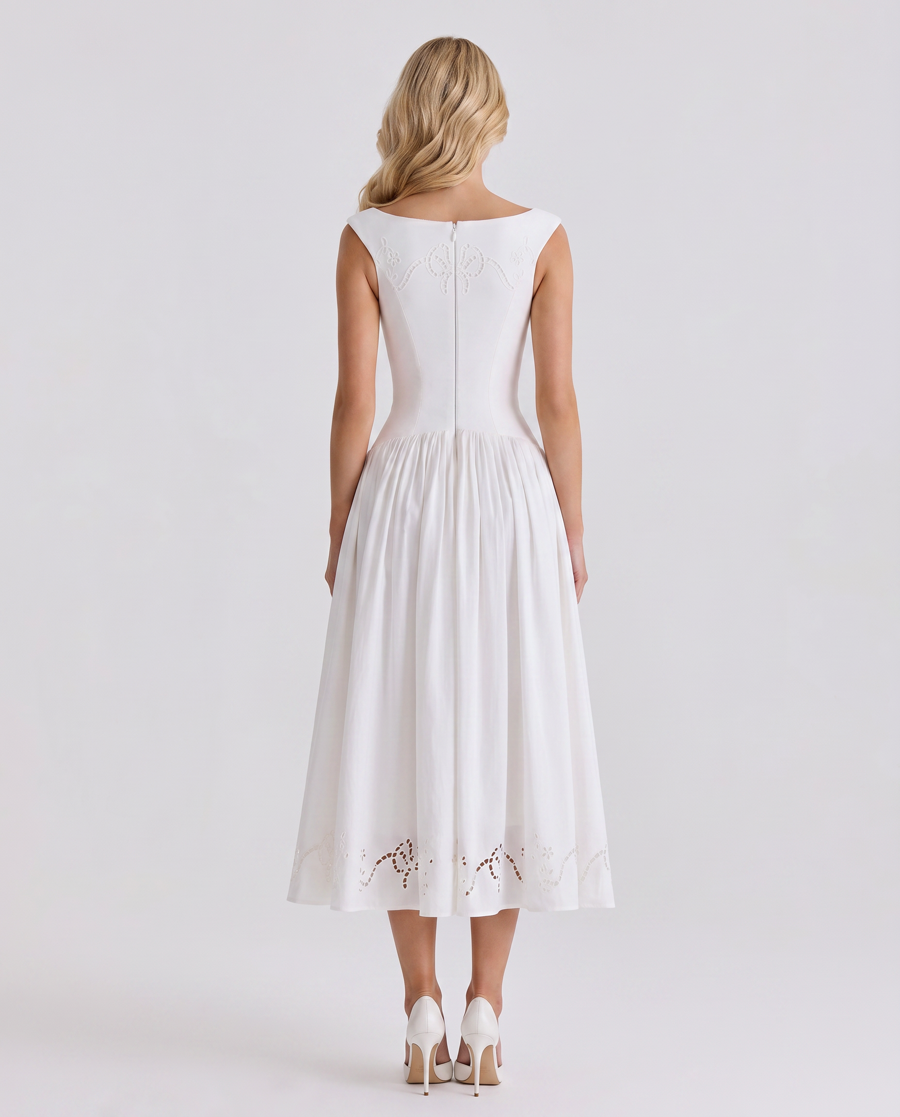 Delfina Boat Neck Eyelet Midi Dress - White - M - Fashion