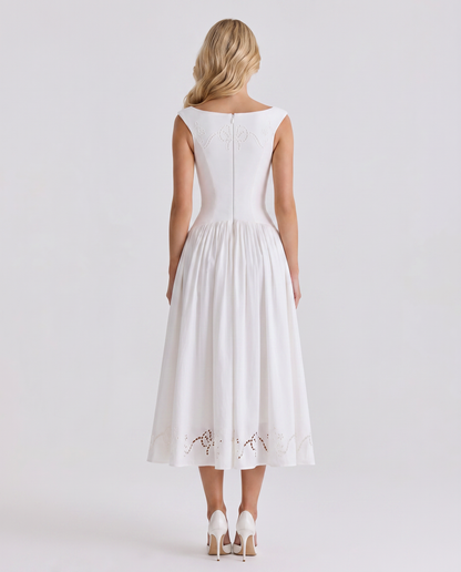 Delfina Boat Neck Eyelet Midi Dress - White