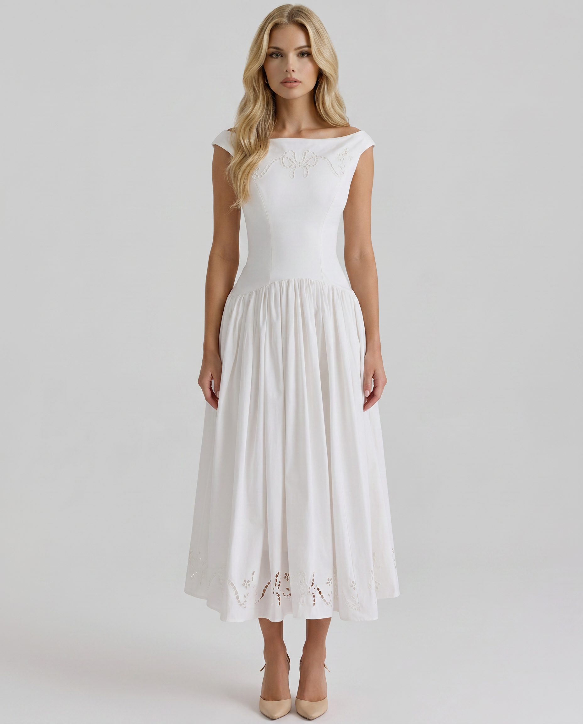 Delfina Boat Neck Eyelet Midi Dress - White - M - Fashion