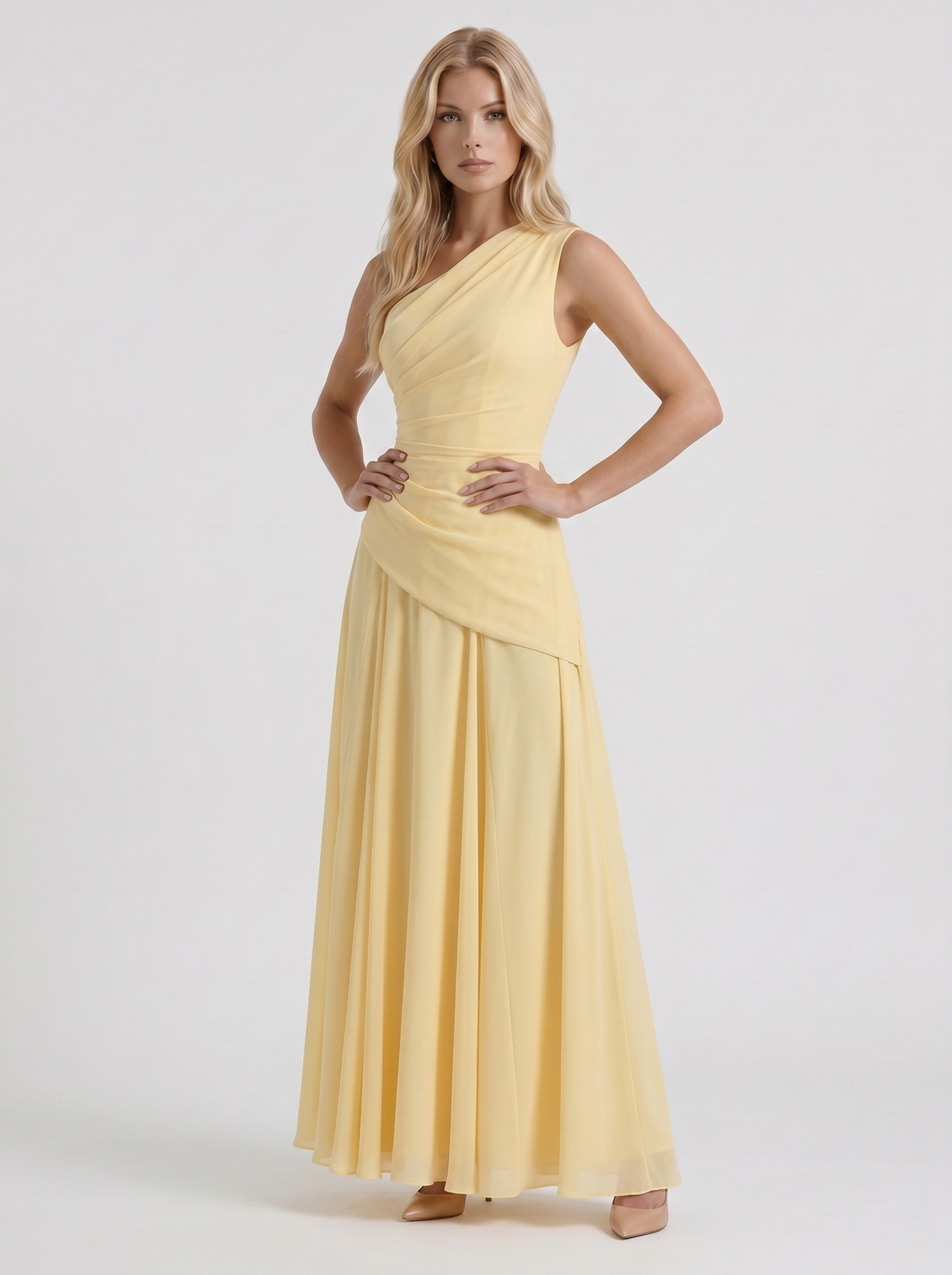 Women lemon mesh one shoulder maxi dress with flowy A line skirt, 45 degree angle