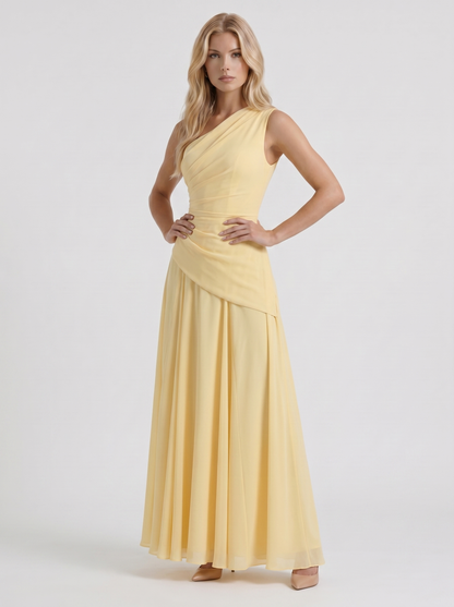 Women lemon mesh one shoulder maxi dress with flowy A line skirt, 45 degree angle