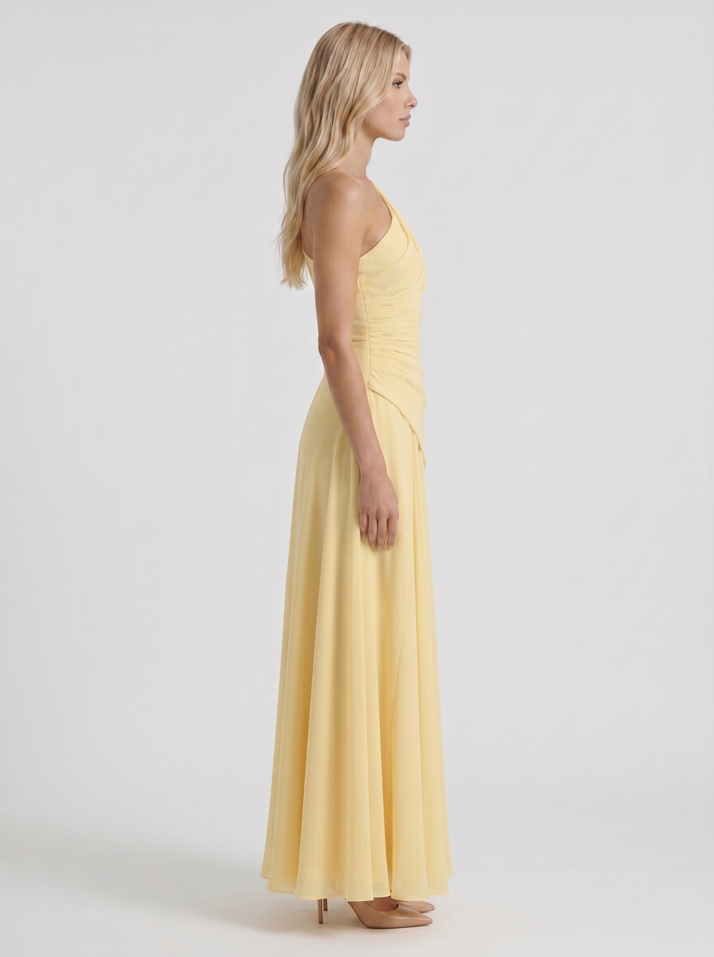 Women lemon mesh one shoulder maxi dress with drop waist seam, side profile