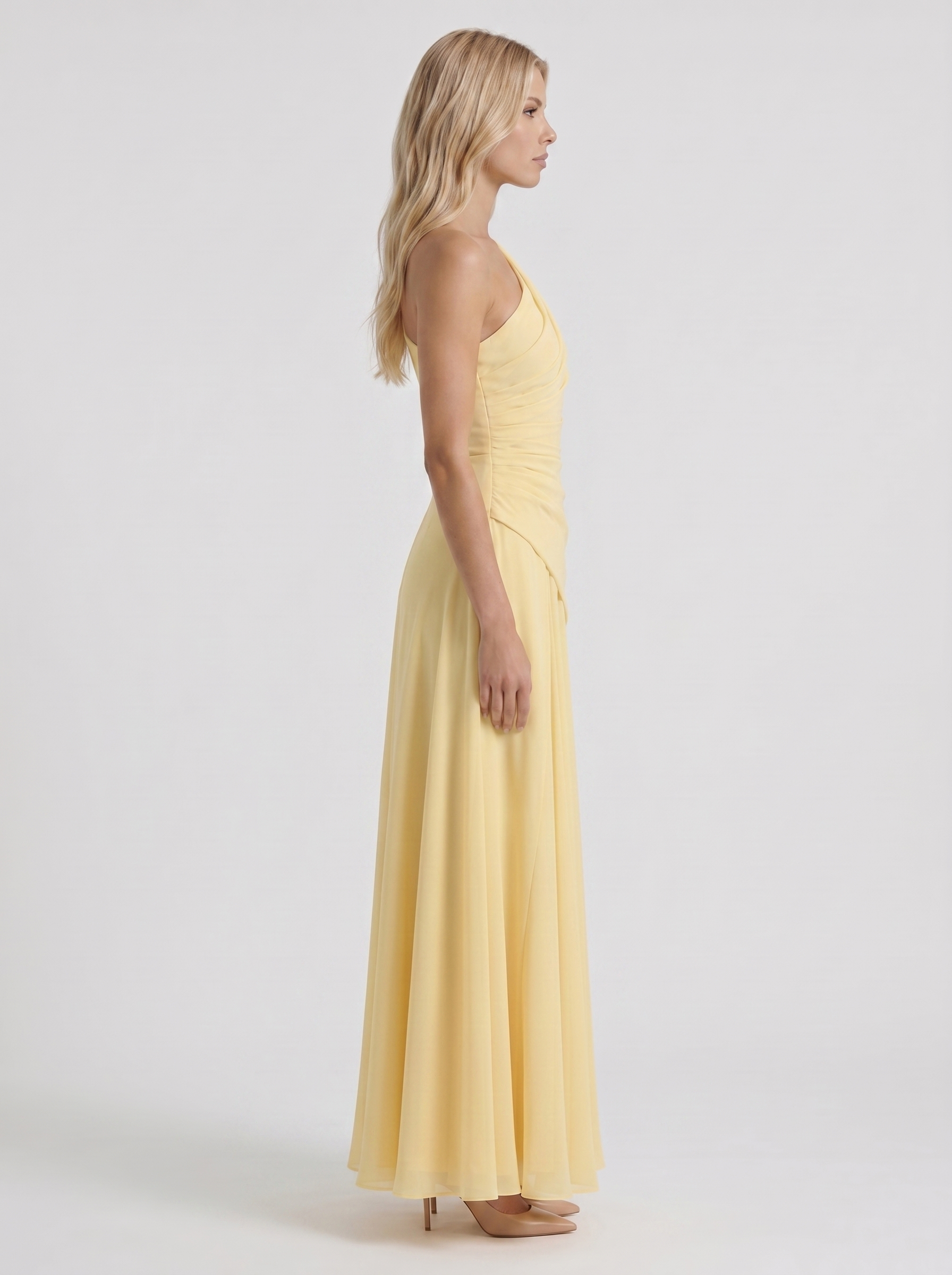 Women lemon mesh one shoulder maxi dress with drop waist seam, side profile