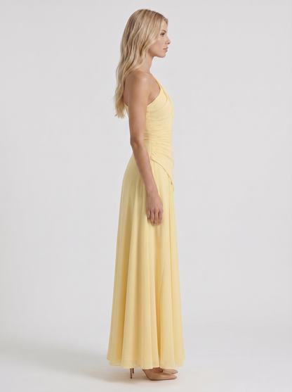 Women lemon mesh one shoulder maxi dress with drop waist seam, side profile
