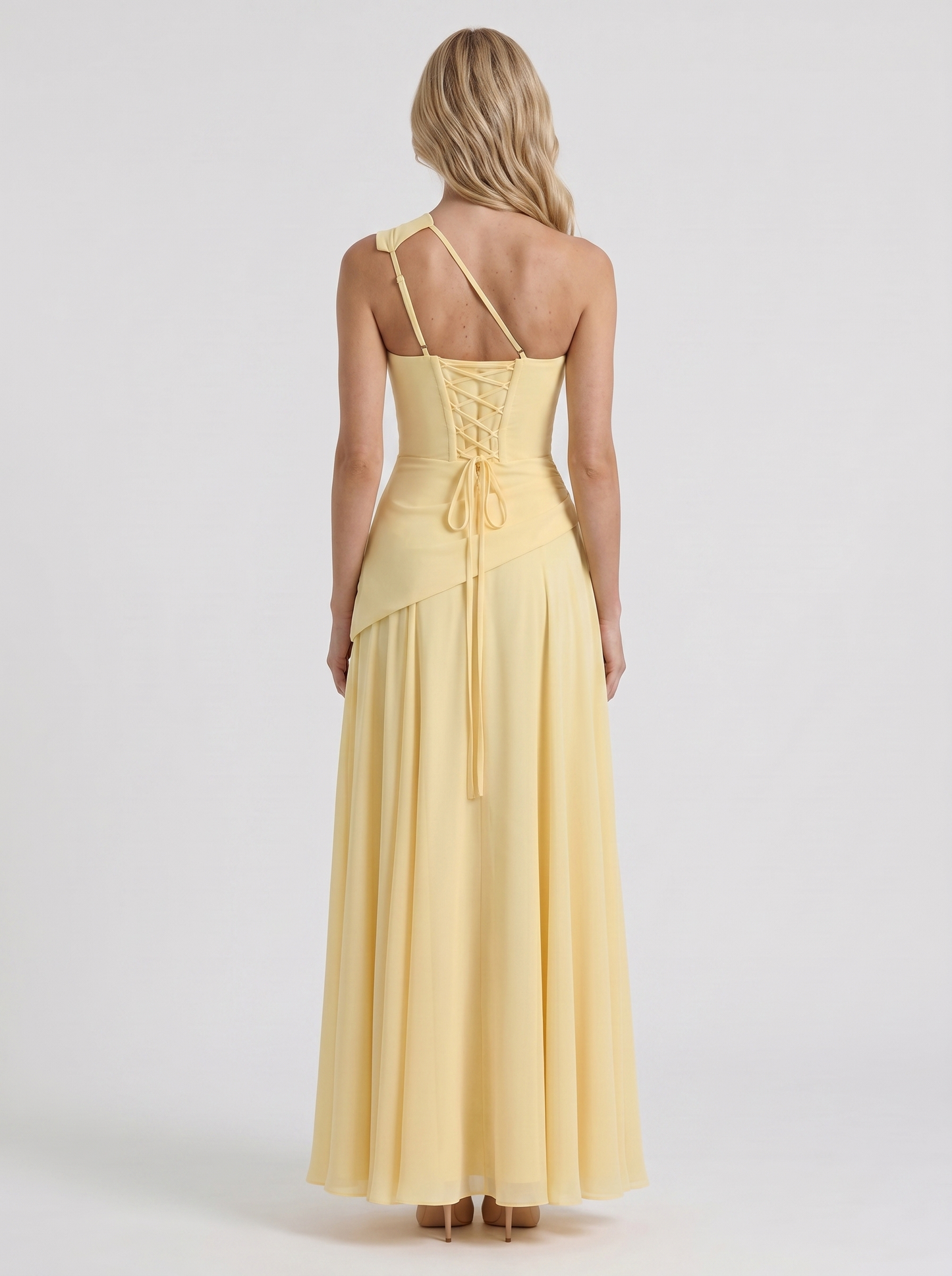 Women lemon mesh one shoulder maxi dress with bare shoulder back, back view