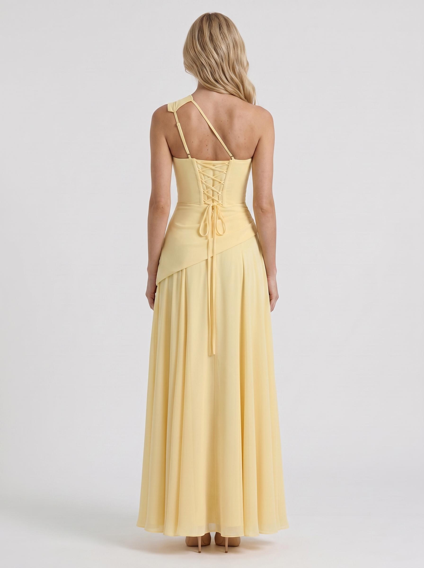 Women lemon mesh one shoulder maxi dress with bare shoulder back, back view