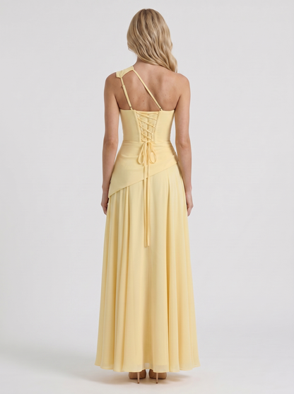 Women lemon mesh one shoulder maxi dress with bare shoulder back, back view
