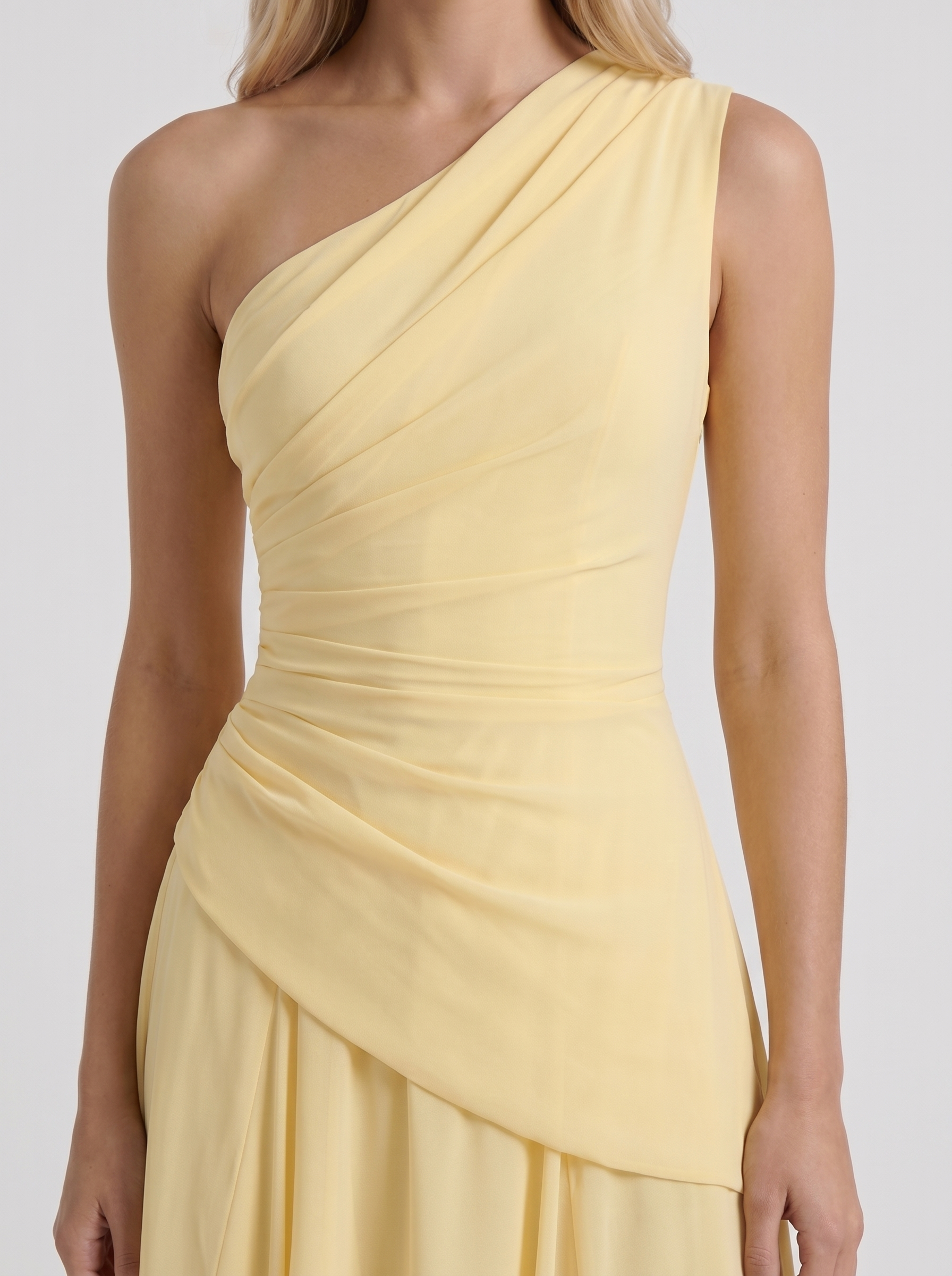 Women lemon mesh one shoulder maxi dress closeup of ruched bodice and mesh