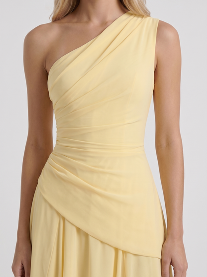 Women lemon mesh one shoulder maxi dress closeup of ruched bodice and mesh