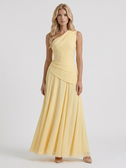 Women lemon mesh one shoulder ruched maxi dress with drop waist and A line skirt, front view