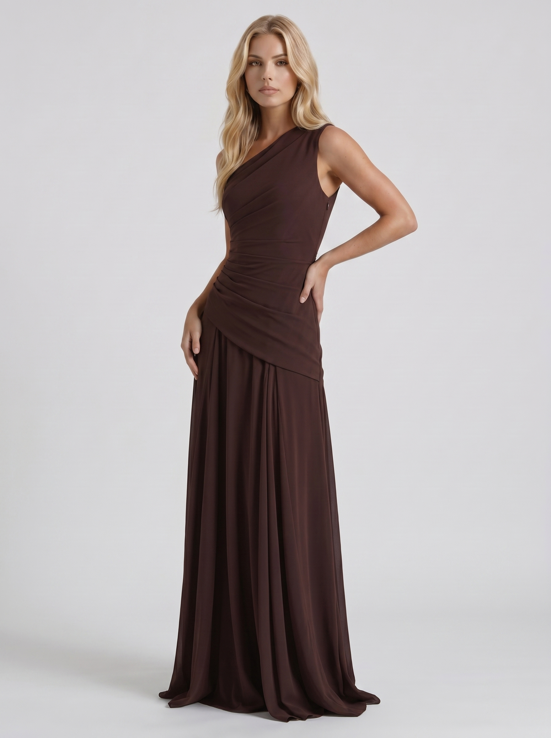 Delphine One Shoulder Ruched Mesh Maxi Dress - Plum Brown - M - Fashion