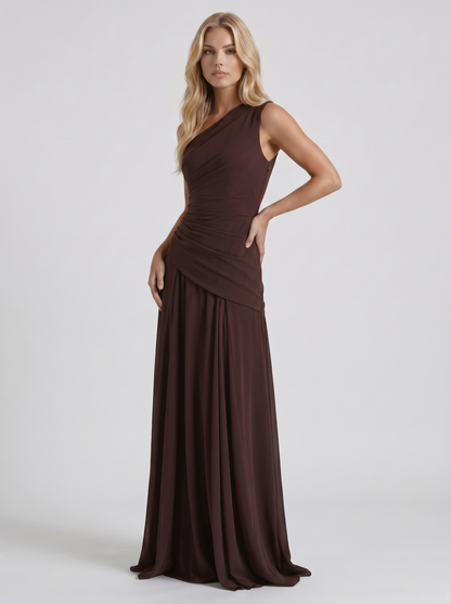 Women plum brown mesh one shoulder maxi dress with flowy A line skirt, 45 degree angle