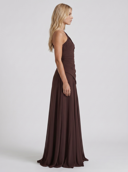 Women plum brown mesh one shoulder maxi dress with drop waist seam, side profile