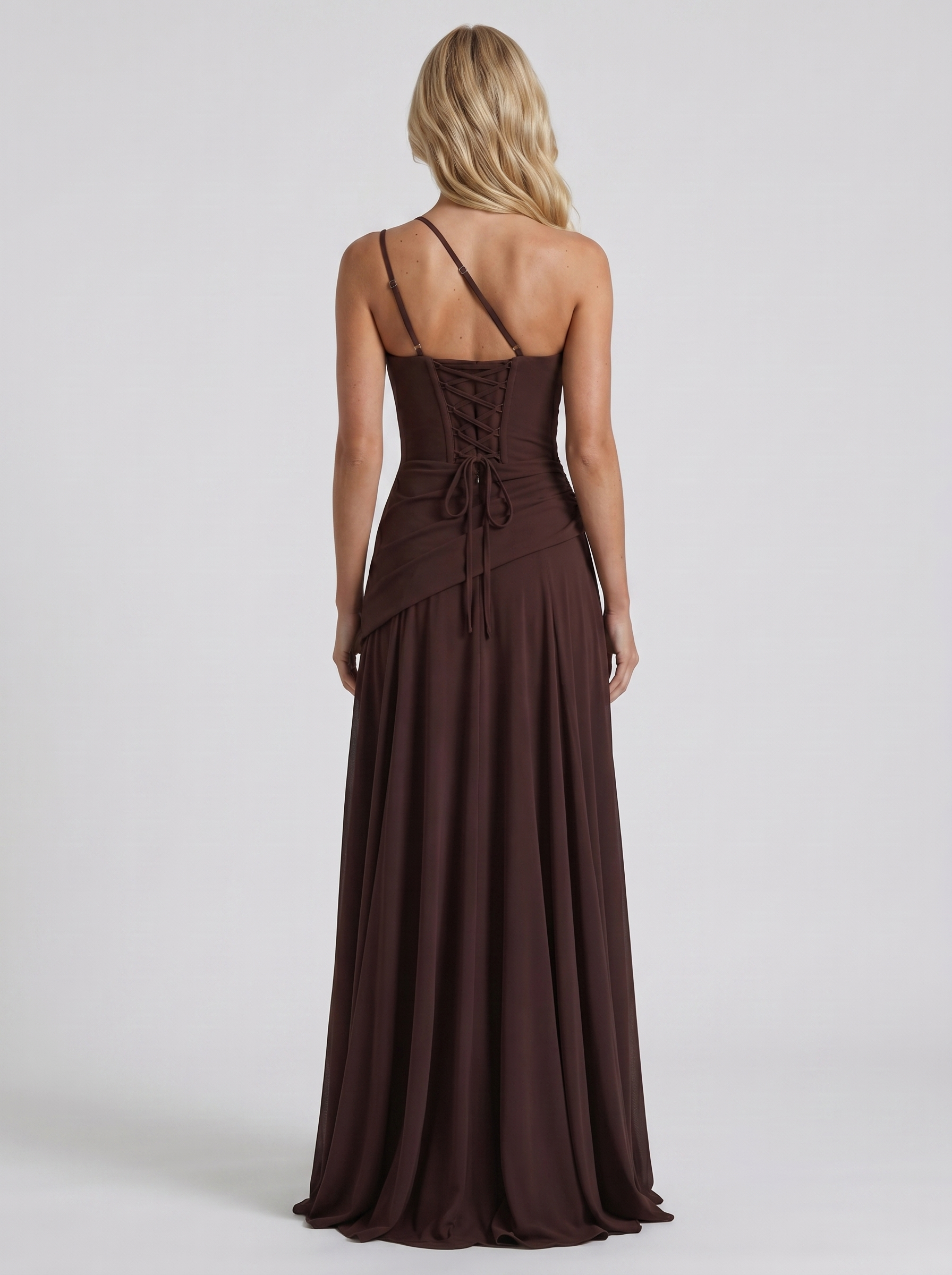 Women plum brown mesh one shoulder maxi dress with bare shoulder back, back view