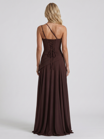 Women plum brown mesh one shoulder maxi dress with bare shoulder back, back view