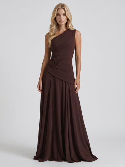 Women plum brown mesh one shoulder ruched maxi dress with drop waist and A line skirt, front view