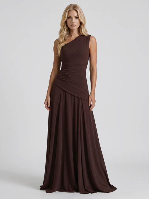 Women plum brown mesh one shoulder ruched maxi dress with drop waist and A line skirt, front view