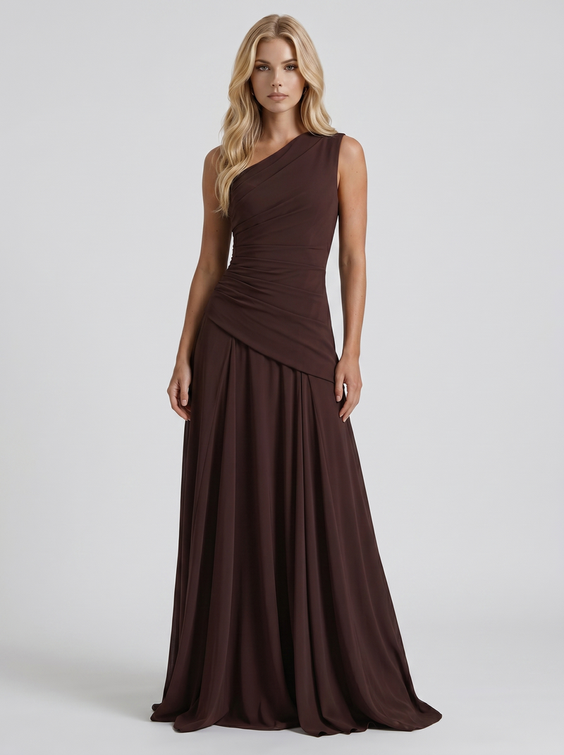 Delphine One Shoulder Ruched Mesh Maxi Dress - Plum Brown
