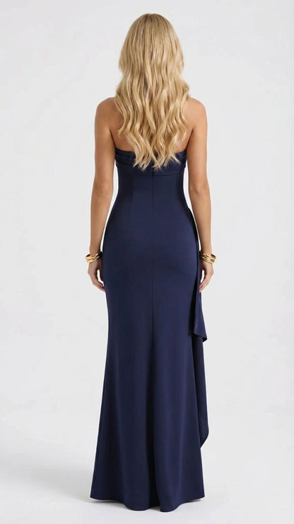 Women navy strapless ruched maxi dress back view, showing smooth fitted construction.