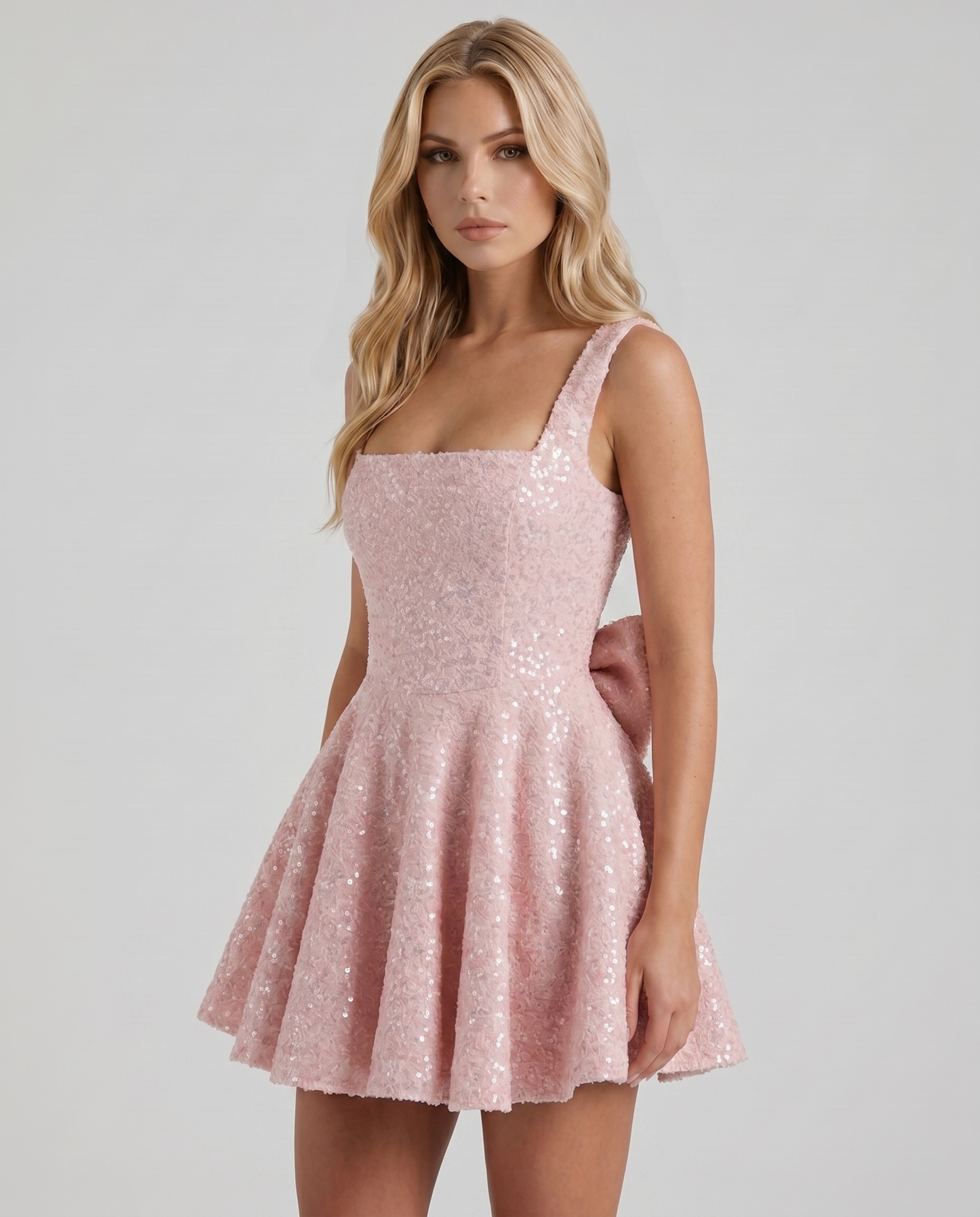 Women blush square neck bow back mini dress with fitted bodice and flared skirt, 45 degree angle