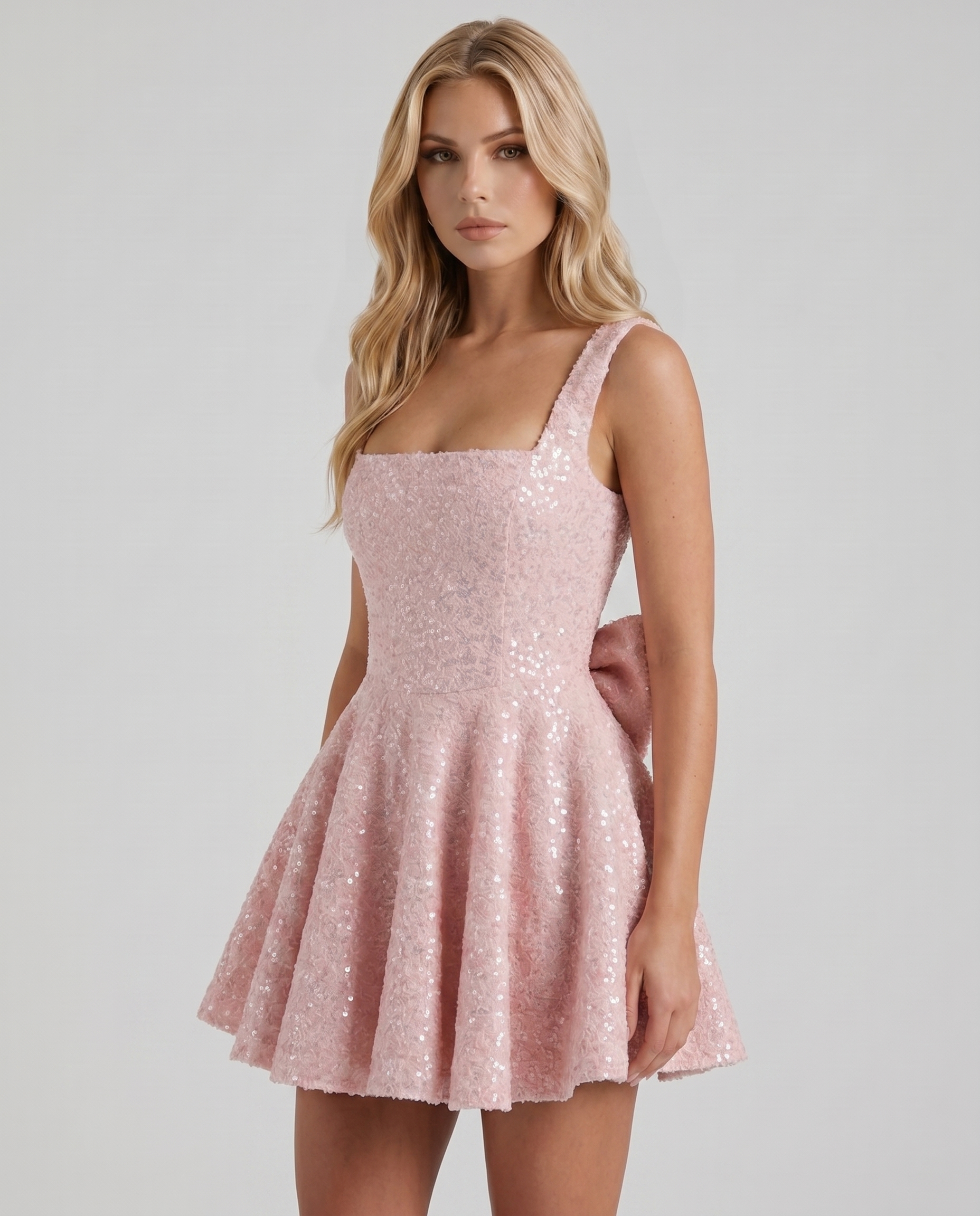 Women blush square neck bow back mini dress with fitted bodice and flared skirt, 45 degree angle