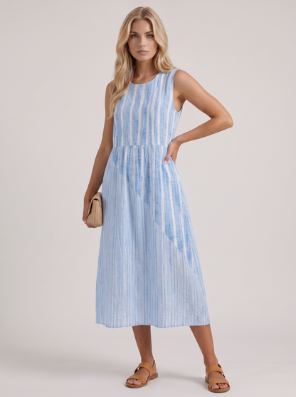Women blue stripe printed midi dress with round neckline and all over print