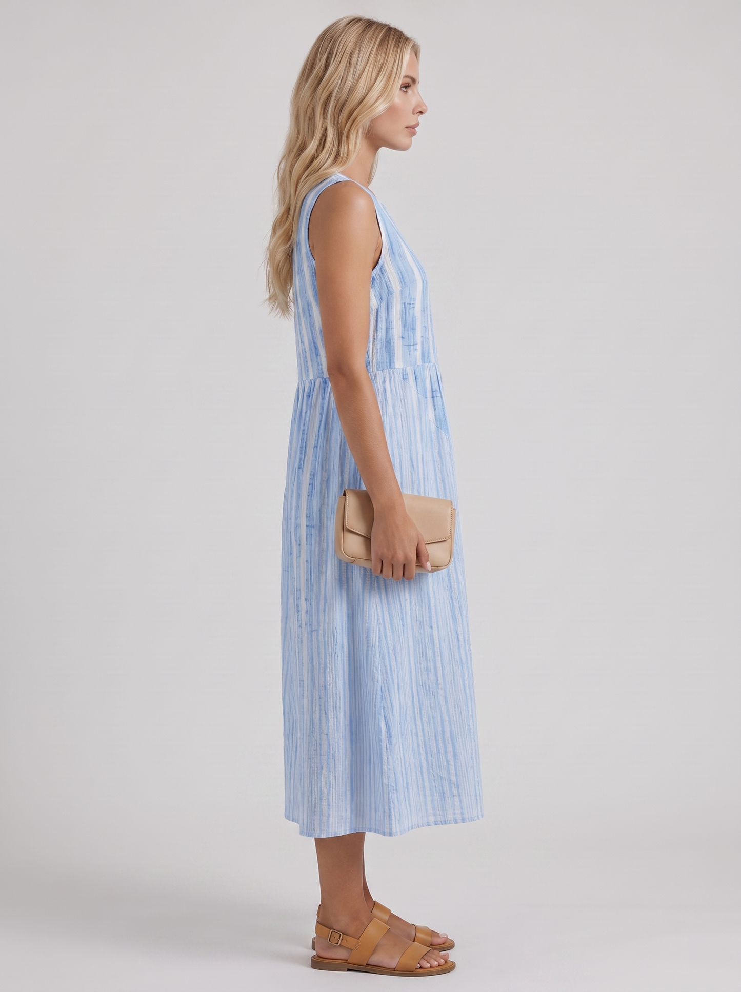 Women blue stripe printed midi dress with round neckline and all over print