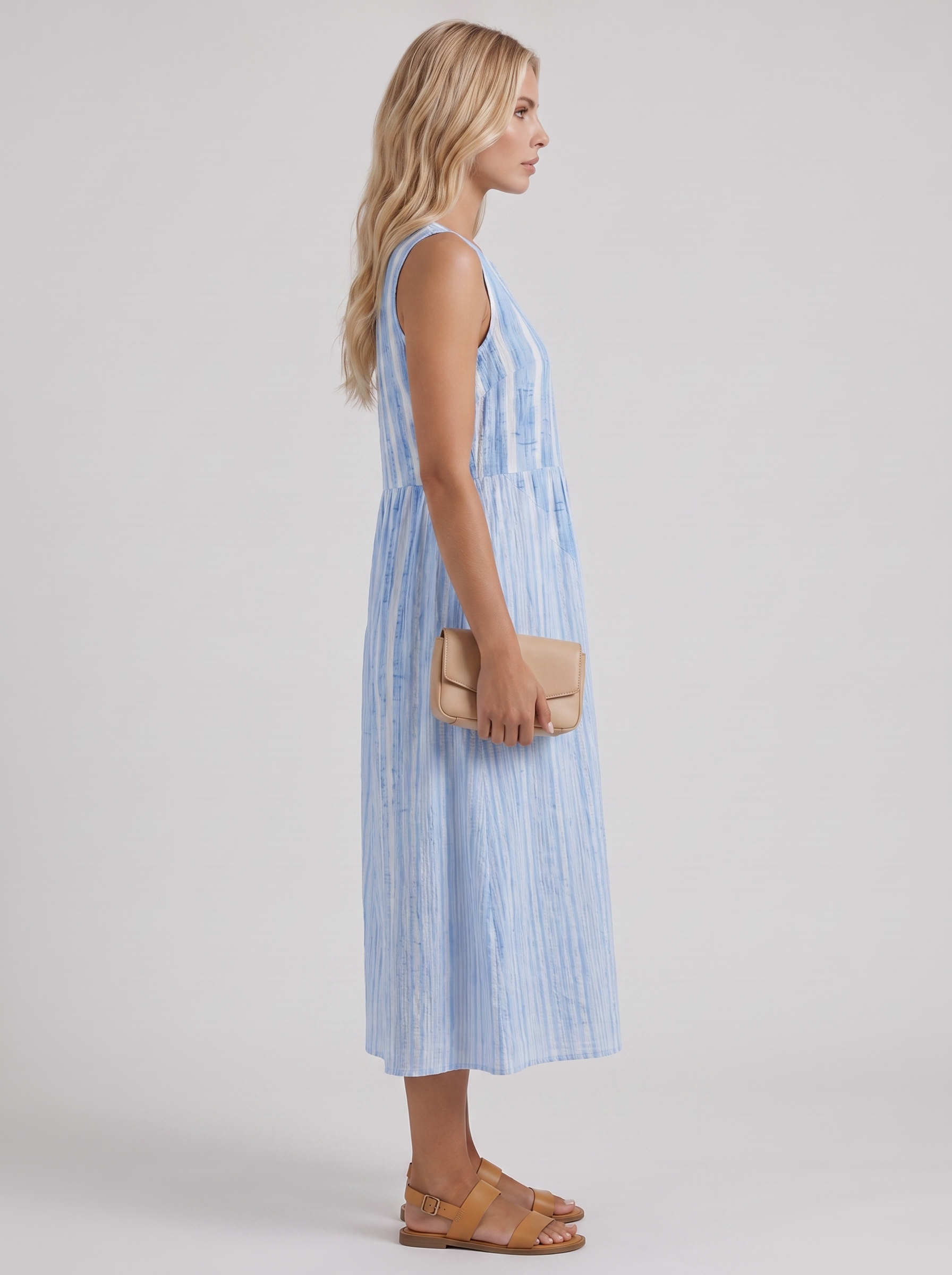 Women blue stripe printed midi dress with round neckline and all over print