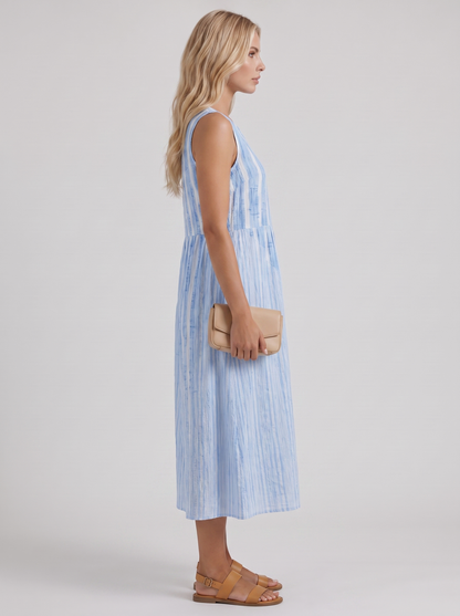 Women blue stripe printed midi dress with round neckline and all over print