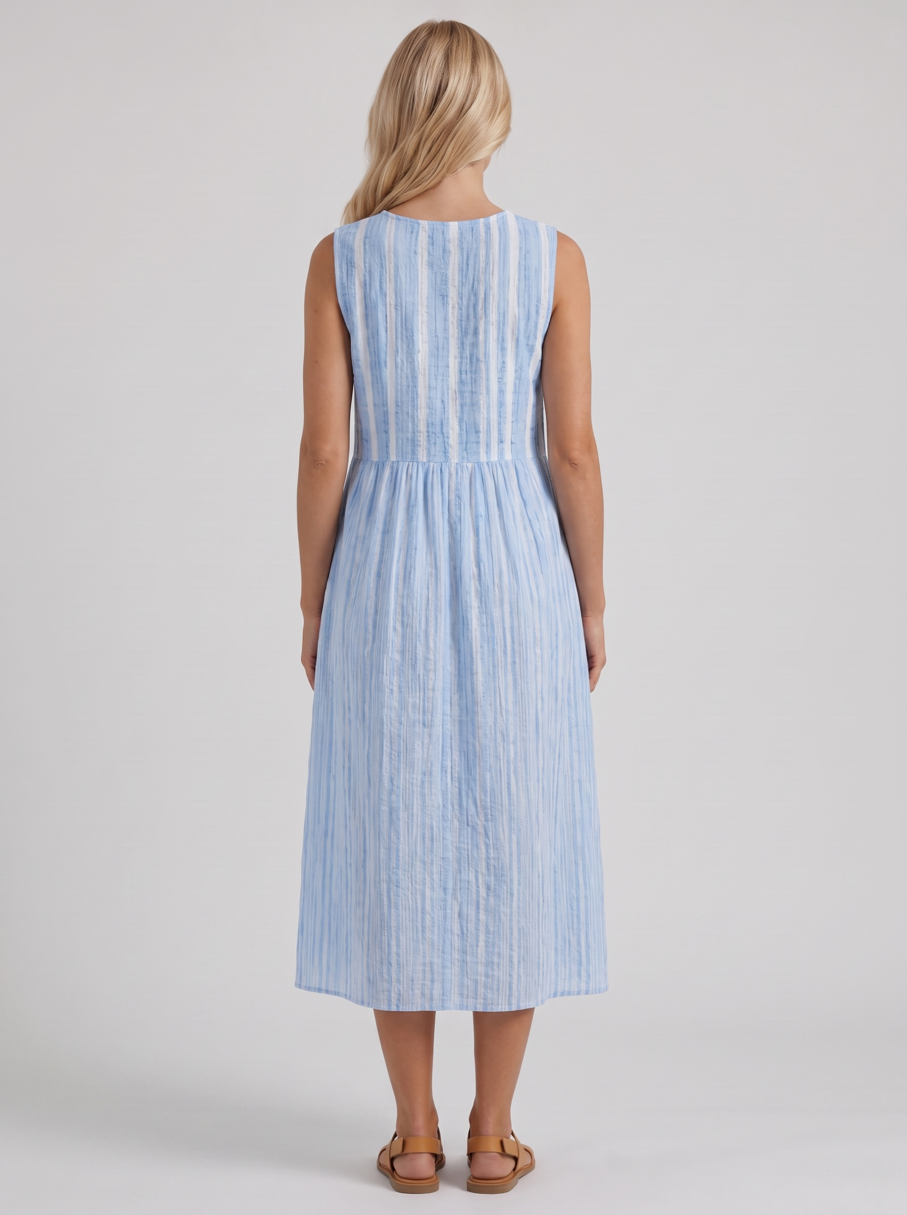 Women blue stripe printed midi dress with round neckline and all over print